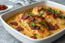 Aiguillettes de poulet sauce chorizo crémeuse avec garniture de persil et copeaux de chorizo