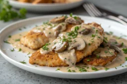 Aiguillettes de poulet dorées nappées d'une crème onctueuse aux champignons dans une assiette blanche