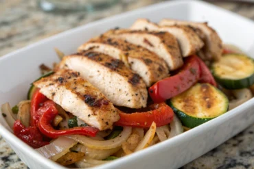 Aiguillettes de Poulet aux Légumes : un Plat Rapide, Sain et Savoureux 5 Aiguillettes de poulet tendres avec légumes colorés et garniture fraîche sur fond blanc épuré
