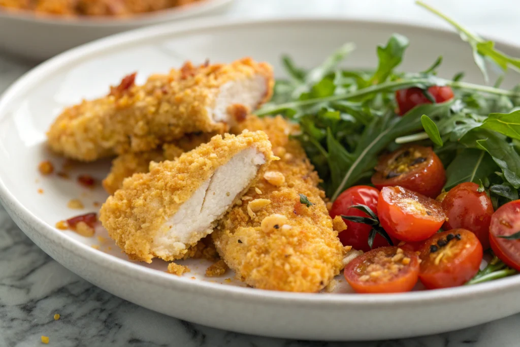 Aiguillettes de poulet panées au four dorées et croustillantes avec garniture fraîche sur fond gris clair