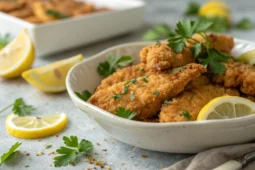 Aiguillettes de poulet panées au four dorées et croustillantes avec garniture fraîche sur fond gris clair