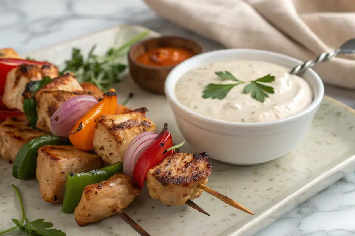 Brochettes de poulet shish taouk grillées avec marinade épicée et garniture fraîche sur assiette blanche