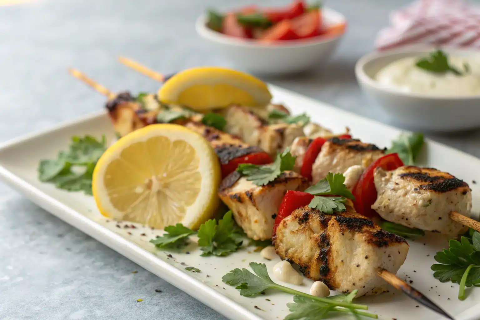 Guide des Recettes de Poulet BBQ : Marinades, Techniques et Astuces 9 Brochettes de poulet shish taouk grillées avec marinade épicée et garniture fraîche sur assiette blanche