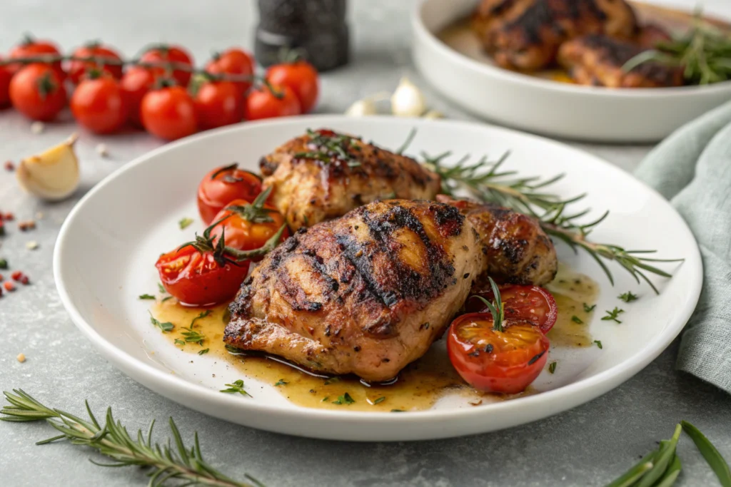 Les erreurs à éviter pour marinade de poulet : Astuces pour un plat réussi 1 Erreurs à Éviter pour Marinade de Poulet tendre et savoureux avec garniture fraîche et épices, présenté dans un plat blanc