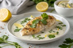 Poulet mariné tendre et savoureux avec garniture fraîche et épices, présenté dans un plat blanc