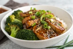 Plat asiatique au poulet garni d'herbes fraîches et d'ingrédients colorés dans une assiette blanche