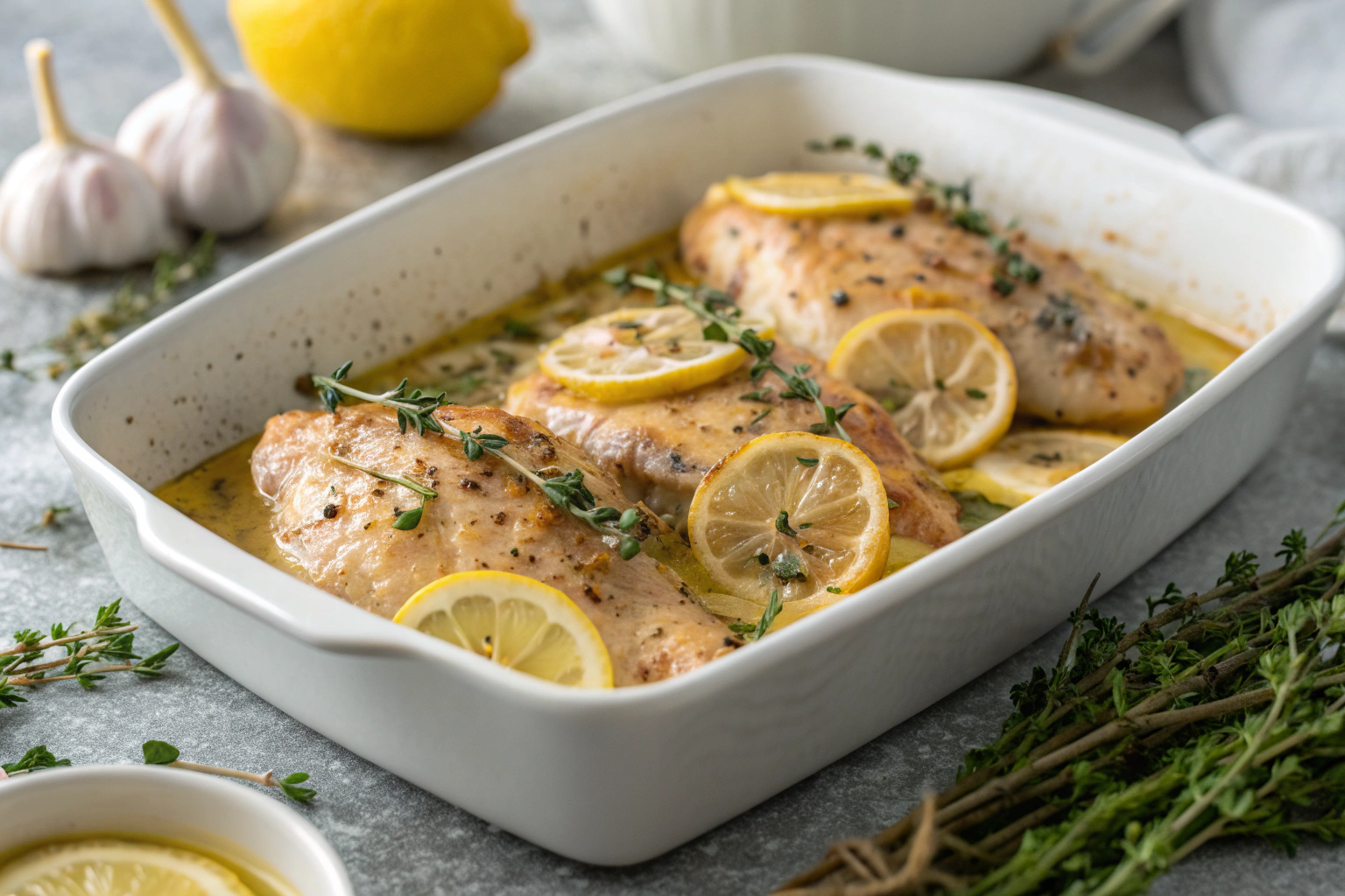Poulet mariné à l'ail et au citron avec thym et tranches de citron frais dans un plat blanc