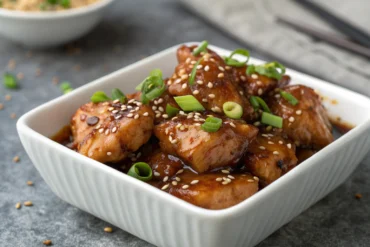 Poulet asiatique mariné brillant avec sauce soja et miel, garni de sésame et ciboulette sur plat blanc