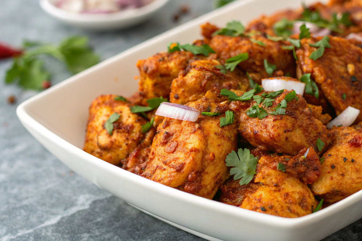 Poulet mariné créole doré avec sauce épicée et garniture fraîche dans assiette blanche