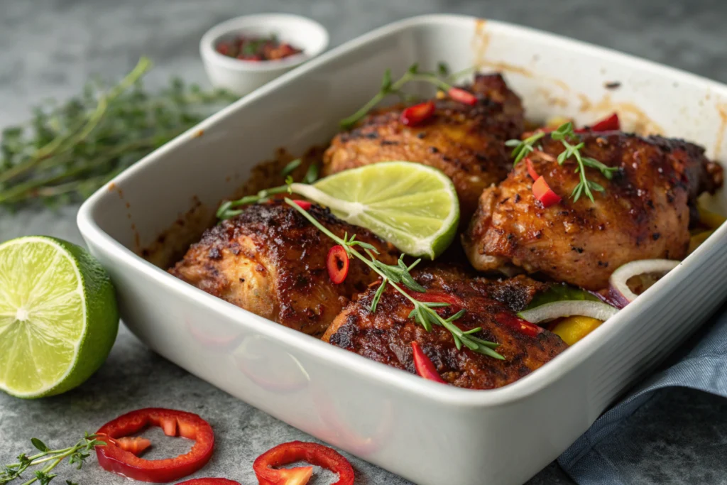 Poulet mariné créole doré avec sauce épicée et garniture fraîche dans assiette blanche