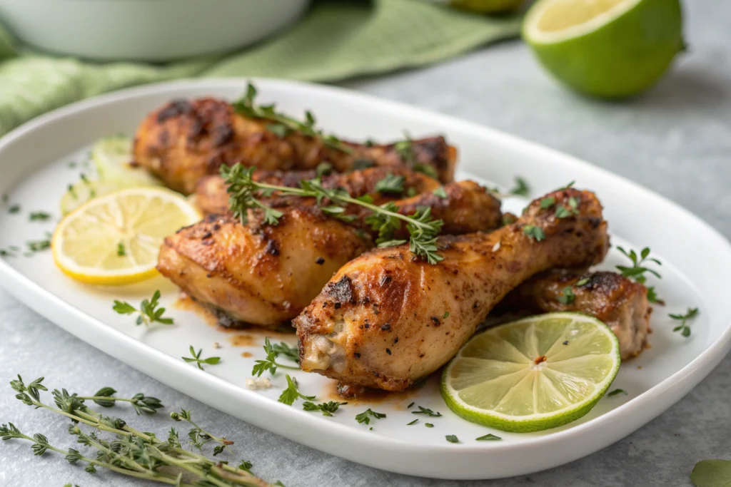 Pilons de poulet créole marinés avec thym et citron vert, prêts à griller