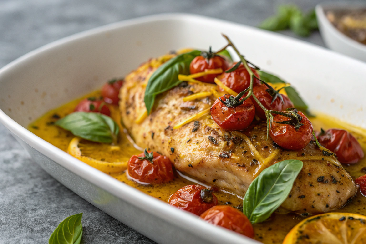 Découvrez la meilleure marinade poulet méditerranéenne 2 Poitrine de poulet méditerranéenne juteuse avec marinade aux herbes, basilic frais et tomates cerises rôties sur fond gris clair