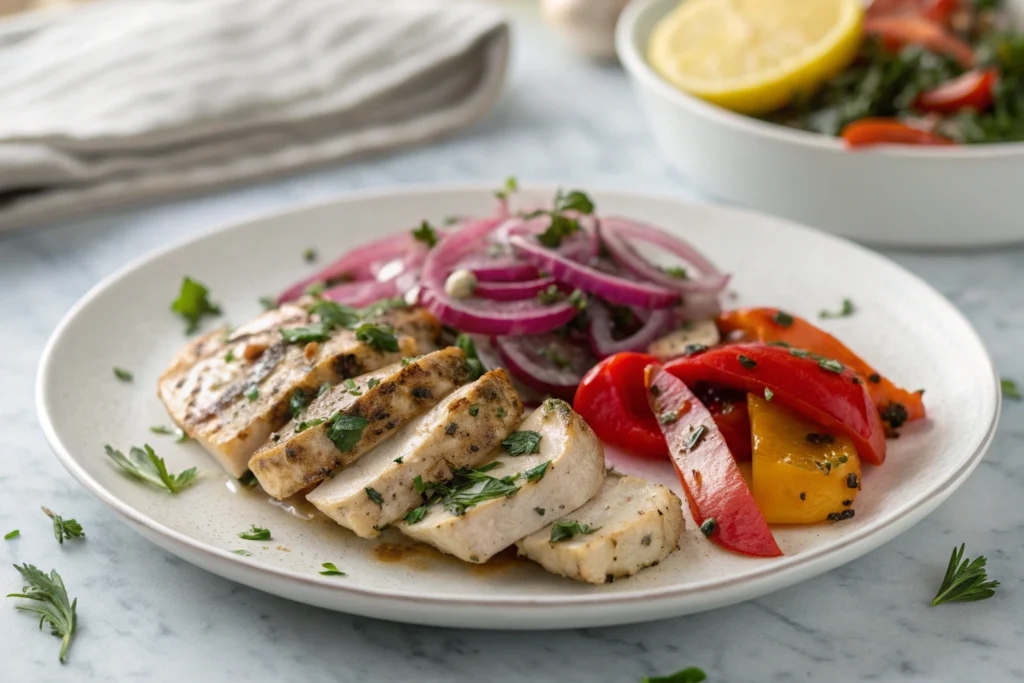 Découvrez la meilleure marinade poulet méditerranéenne 1 Poitrine de poulet méditerranéenne juteuse avec marinade aux herbes, basilic frais et tomates cerises rôties sur fond gris clair