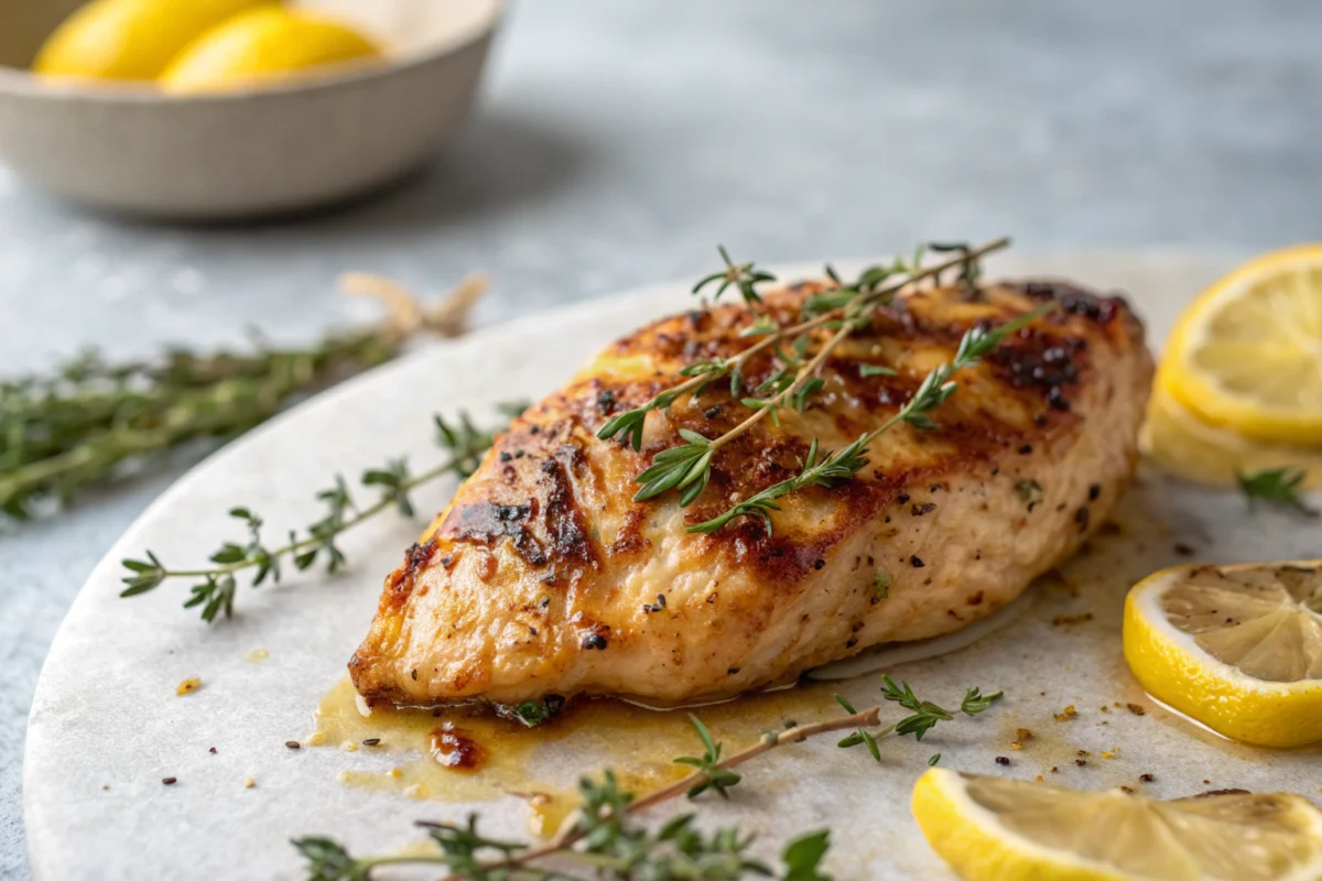 Poitrine de poulet marinée dorée avec herbes fraîches et citron sur fond gris clair