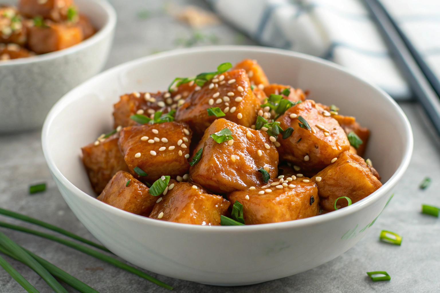 Cubes de poulet caramélisés à la marinade miel soja, garnis de sésame et ciboulette