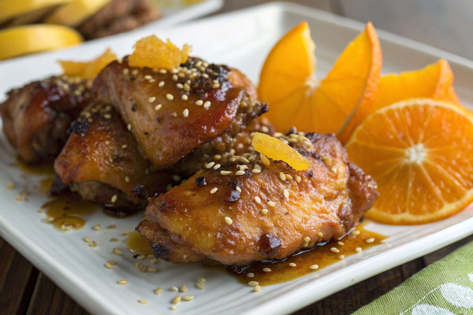 Cuisses de poulet caramélisées à la marinade orange miel avec zestes frais et graines de sésame