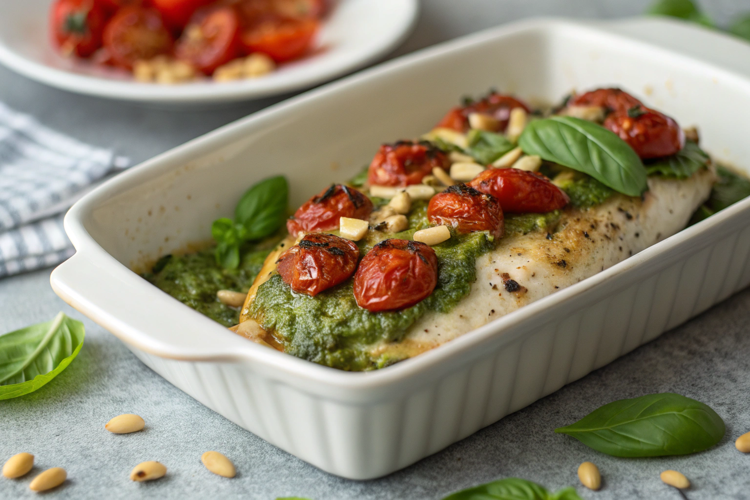 Poitrine de poulet marinée au pesto, garnie de basilic frais et tomates cerises sur un plat blanc