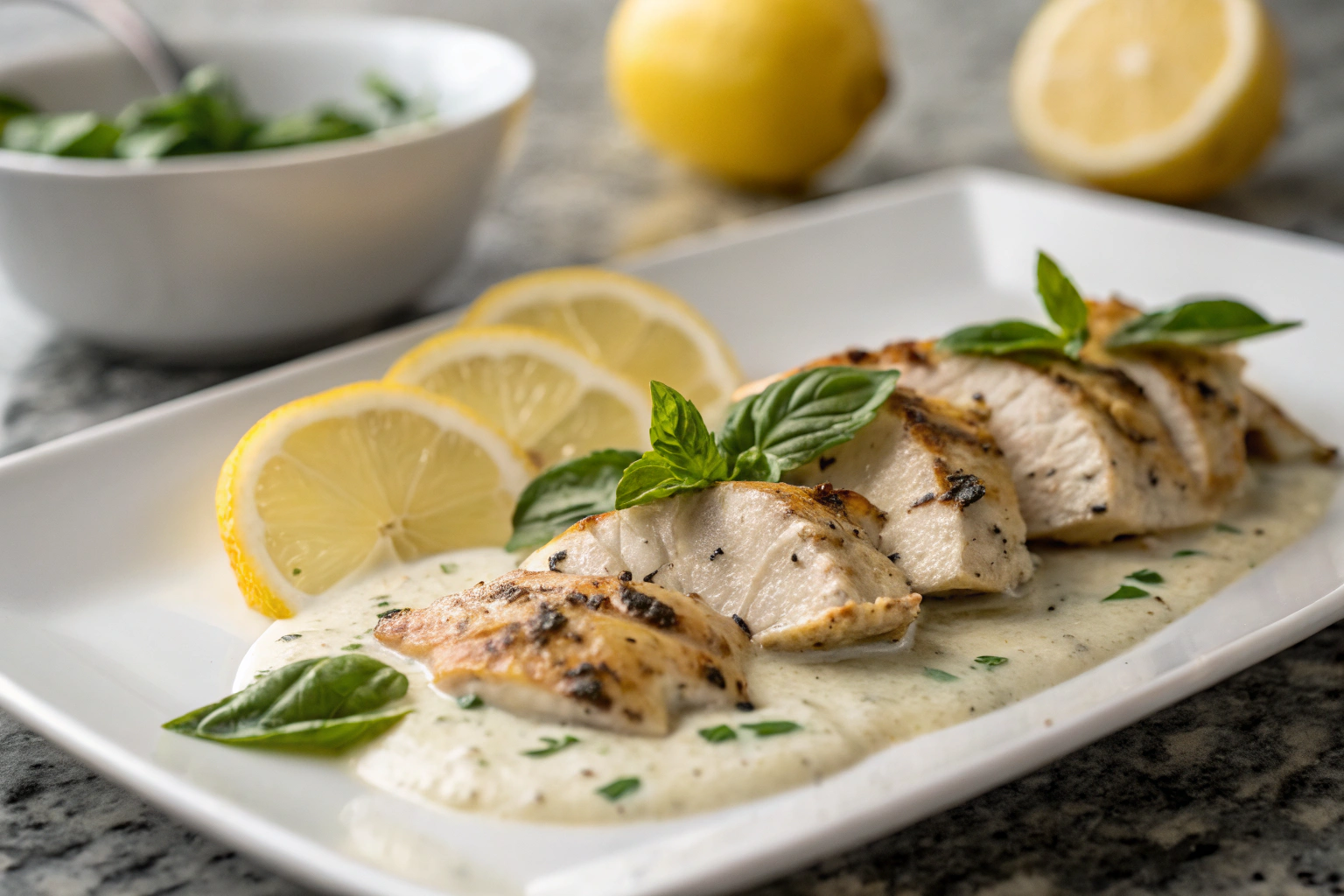 Poulet mariné au yaourt avec citron et basilic sur plat blanc fond gris
