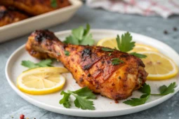 Pilon de poulet paprika grillé avec peau dorée et croustillante, garni de persil frais et de citron