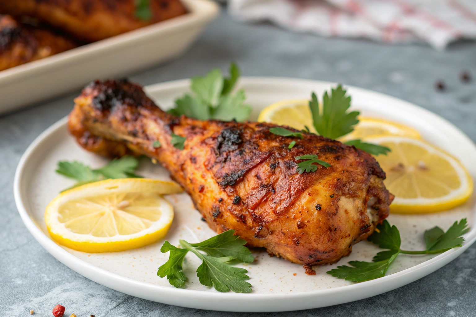 Découvrez le poulet paprika grillé : recette irrésistible 2 Pilon de poulet paprika grillé avec peau dorée et croustillante, garni de persil frais et de citron