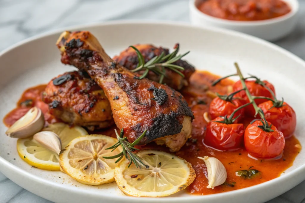 Découvrez le poulet paprika grillé : recette irrésistible 1 Pilon de poulet paprika grillé avec peau dorée et croustillante, garni de persil frais et de citron