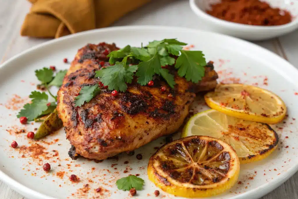 Poulet portugais piri-piri rôti avec peau croustillante, citron et persil sur assiette blanche