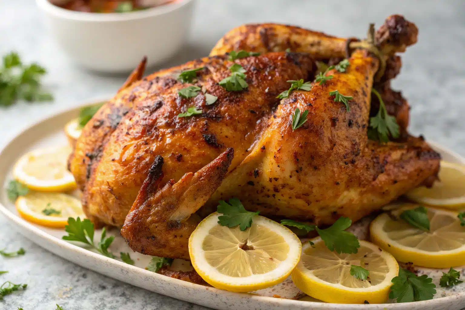 Poulet portugais piri-piri rôti avec peau croustillante, citron et persil sur assiette blanche