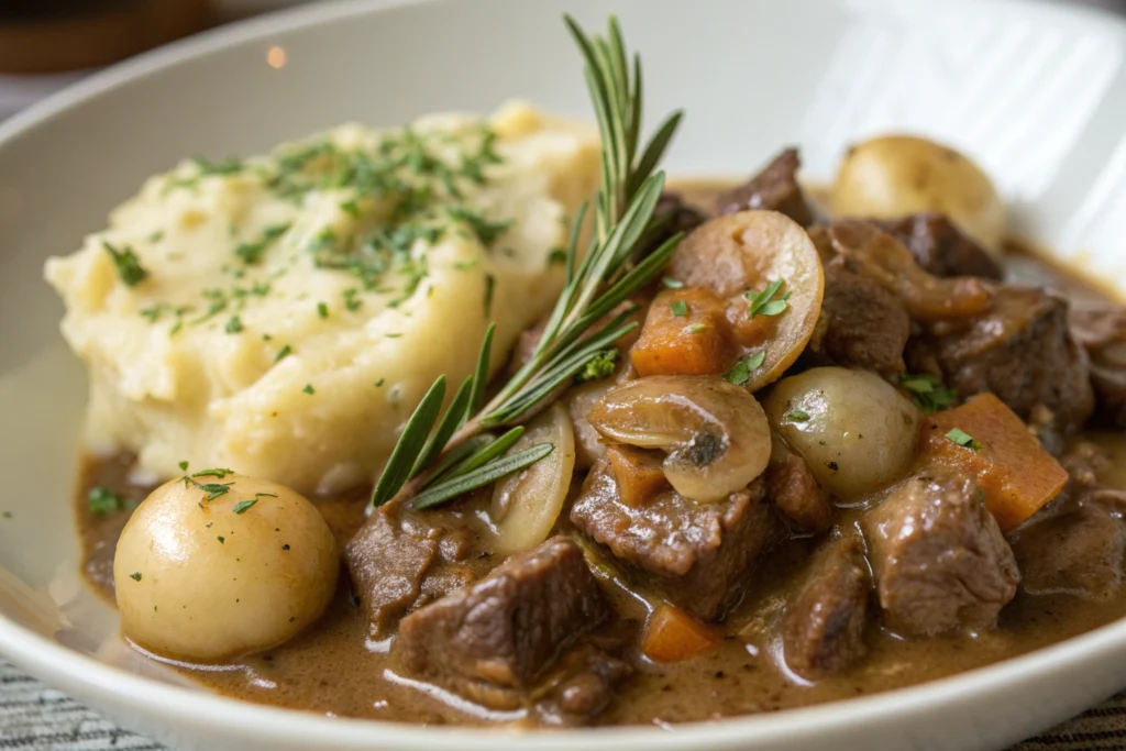 Recette Mijoté d'agneau aux herbes fraîches 1 Morceaux d'agneau mijotés dans une sauce veloutée avec légumes fondants et herbes fraîches