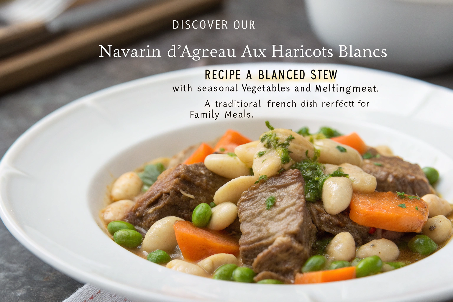 7 Recettes d'Agneau Savoureuses à Tester Absolument 8 Navarin d'agneau aux haricots blancs et légumes printaniers dans une assiette blanche