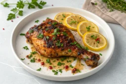 Poulet mariné doré avec garniture fraîche sur assiette blanche