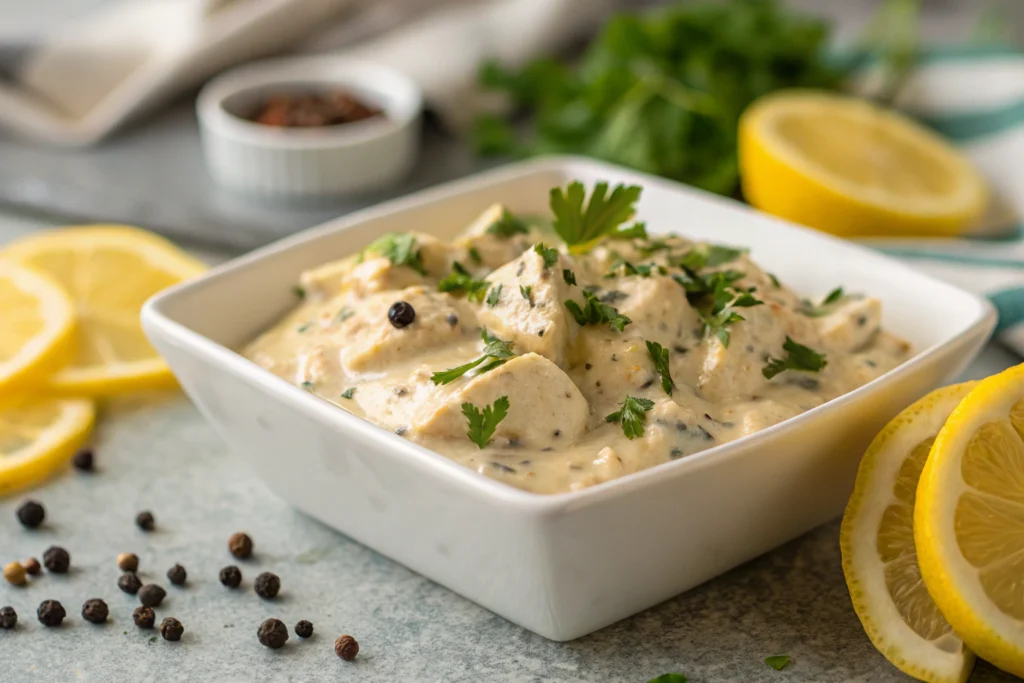 Marinade de poulet maison avec herbes fraîches et ail rôti dans un bol blanc