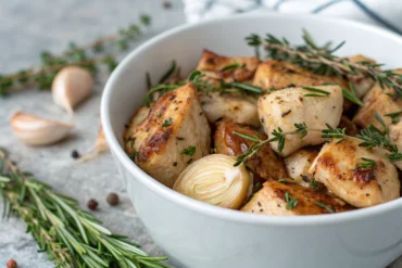 Marinade de poulet maison avec herbes fraîches et ail rôti dans un bol blanc