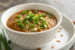 Sauce miso japonaise onctueuse dans un bol blanc avec garniture gourmande sur fond granit clair