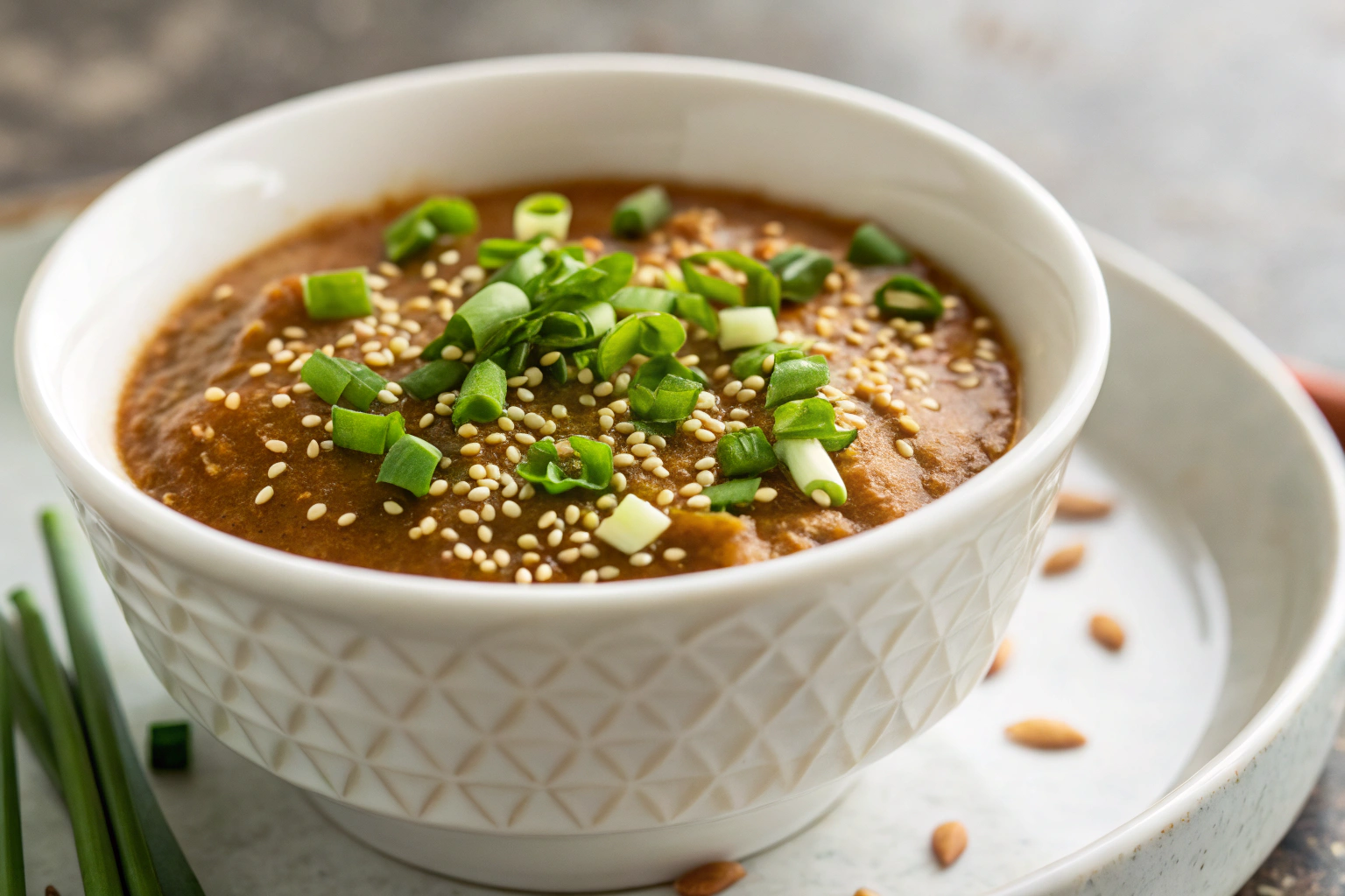 Découvrez la délicieuse Sauce Miso Japonaise 2 Sauce miso japonaise onctueuse dans un bol blanc avec garniture gourmande sur fond granit clair