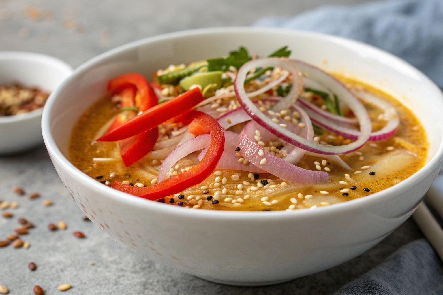 Sauce nuoc mam dorée dans un bol blanc avec garnitures colorées