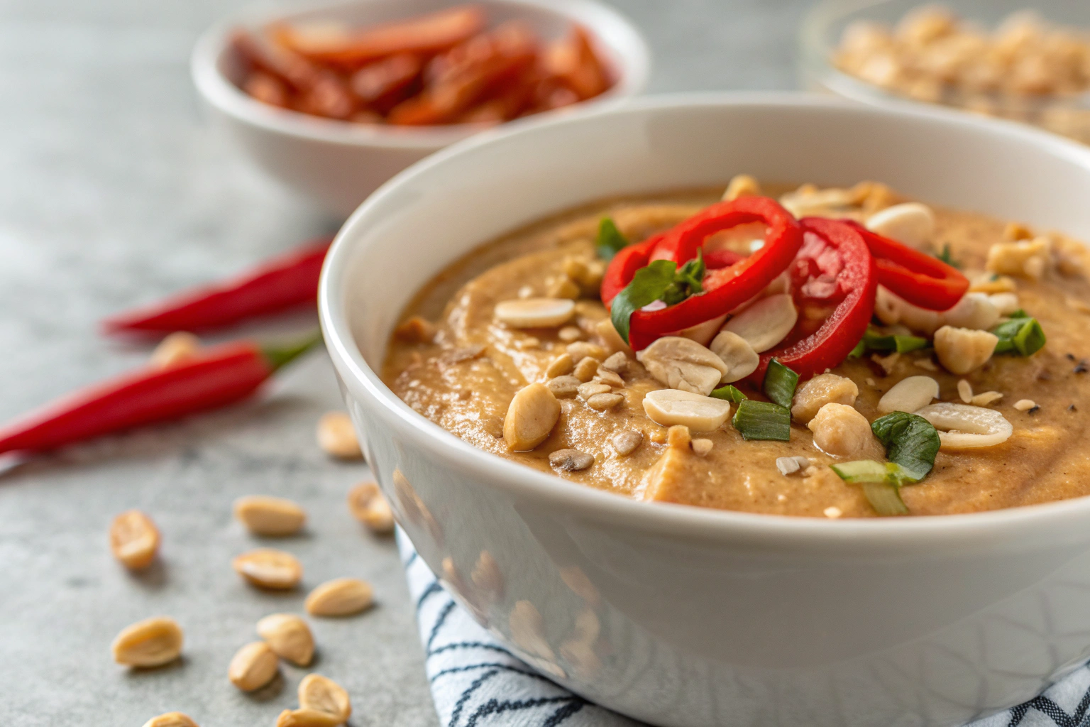 Sauce satay crémeuse et épicée garnie de cacahuètes et de piment dans un bol blanc