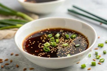 Sauce soja sucrée maison luisante dans un bol blanc avec garnitures fraîches sur fond granit