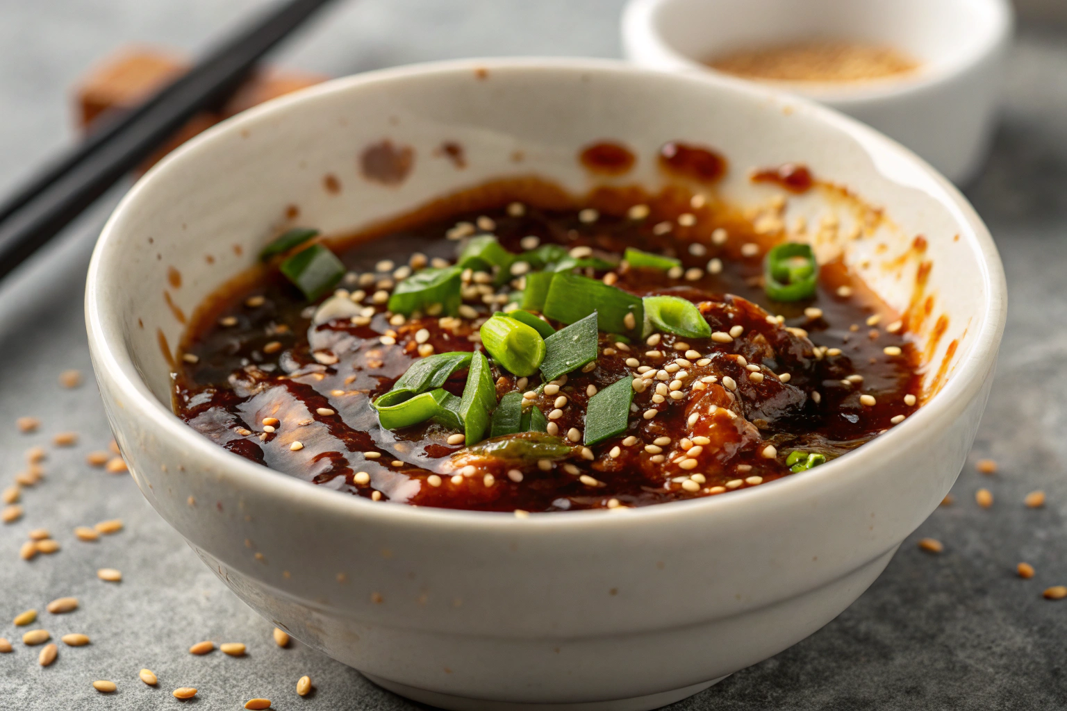 Sauce yakitori maison brillante avec sésame grillé et oignons verts sur fond gris clair