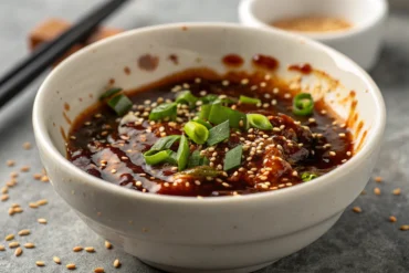 Sauce yakitori maison brillante avec sésame grillé et oignons verts sur fond gris clair