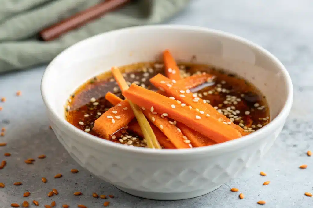 Sauce asiatique maison dans un bol blanc avec garniture fraîche sur fond granit