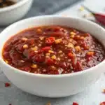 Sauce sweet chili maison rouge et brillante avec piments frais et ail doré dans un bol blanc