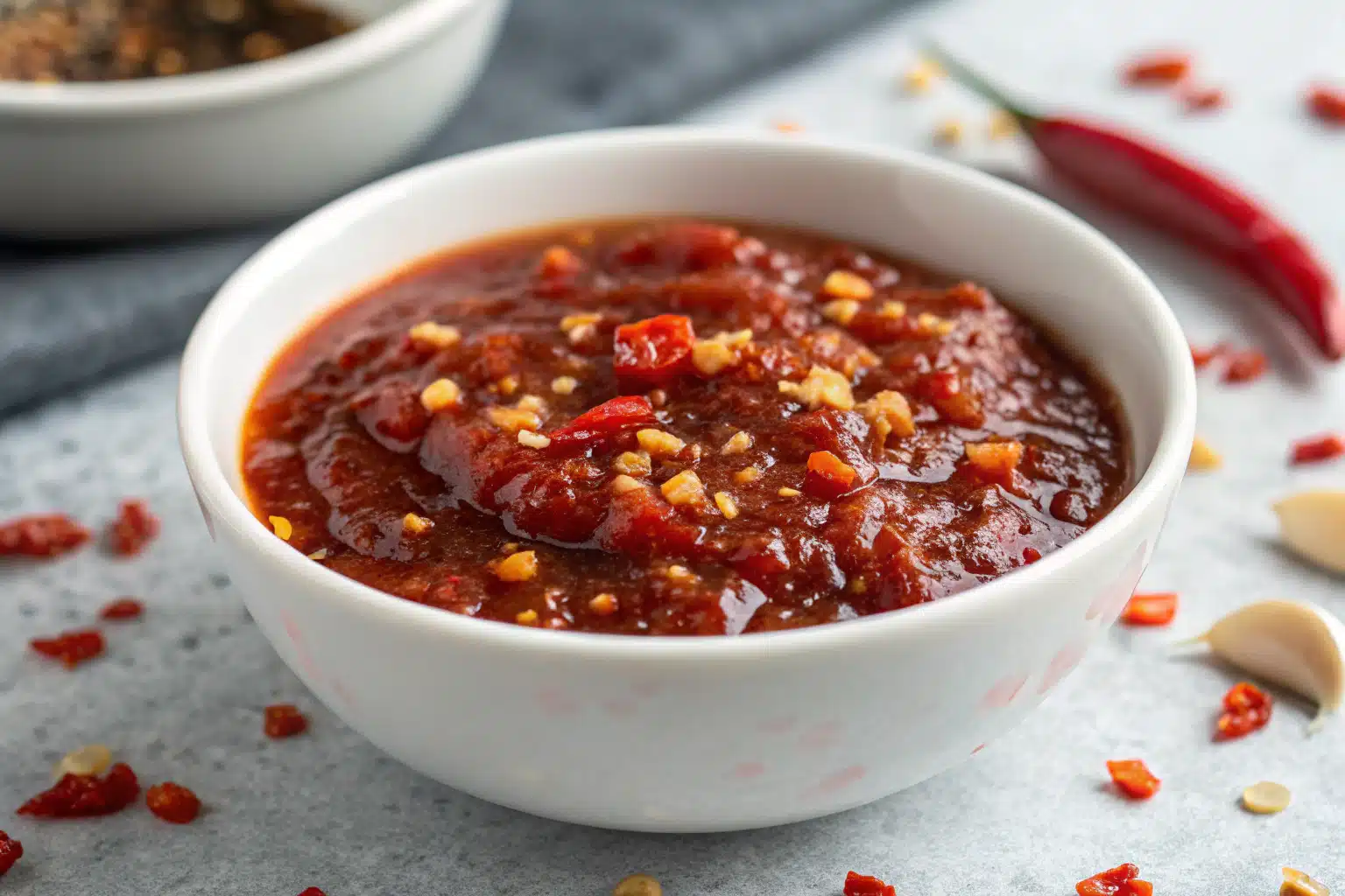 Recette de la sauce sweet chili : Secrets et Astuces 3 Sauce sweet chili maison rouge et brillante avec piments frais et ail doré dans un bol blanc