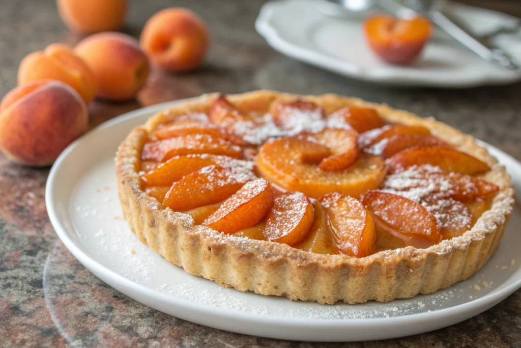 Tarte aux abricots dorée avec des fruits frais et une pâte sablée croustillante sur fond gris