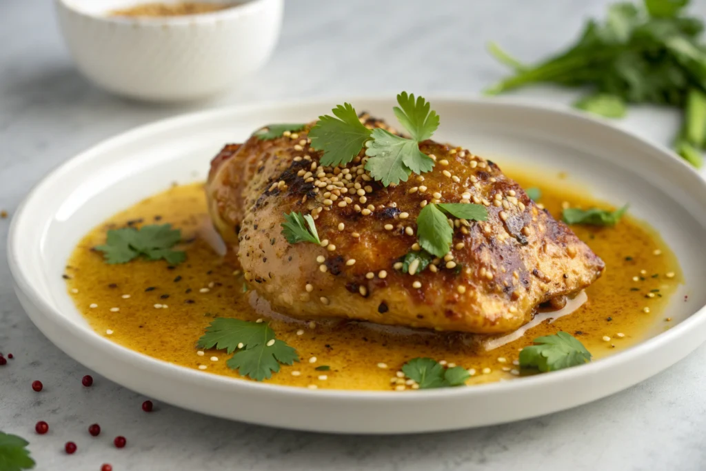Combien de temps faut-il mariner le poulet ? Le guide complet 1 Poulet mariné doré avec herbes fraîches et citron sur assiette blanche