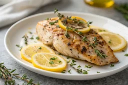 Poulet mariné doré avec herbes fraîches et citron sur assiette blanche
