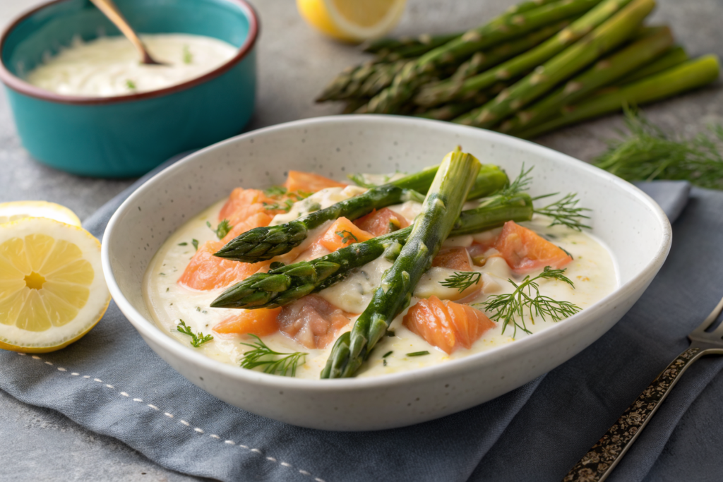 Découvrez la Crème Asperges Saumon : Un Régal Unique 1 Crème d'asparges au saumon fumé avec asperges vertes et saumon fumé, présentée dans un bol blanc sur un comptoir grise.