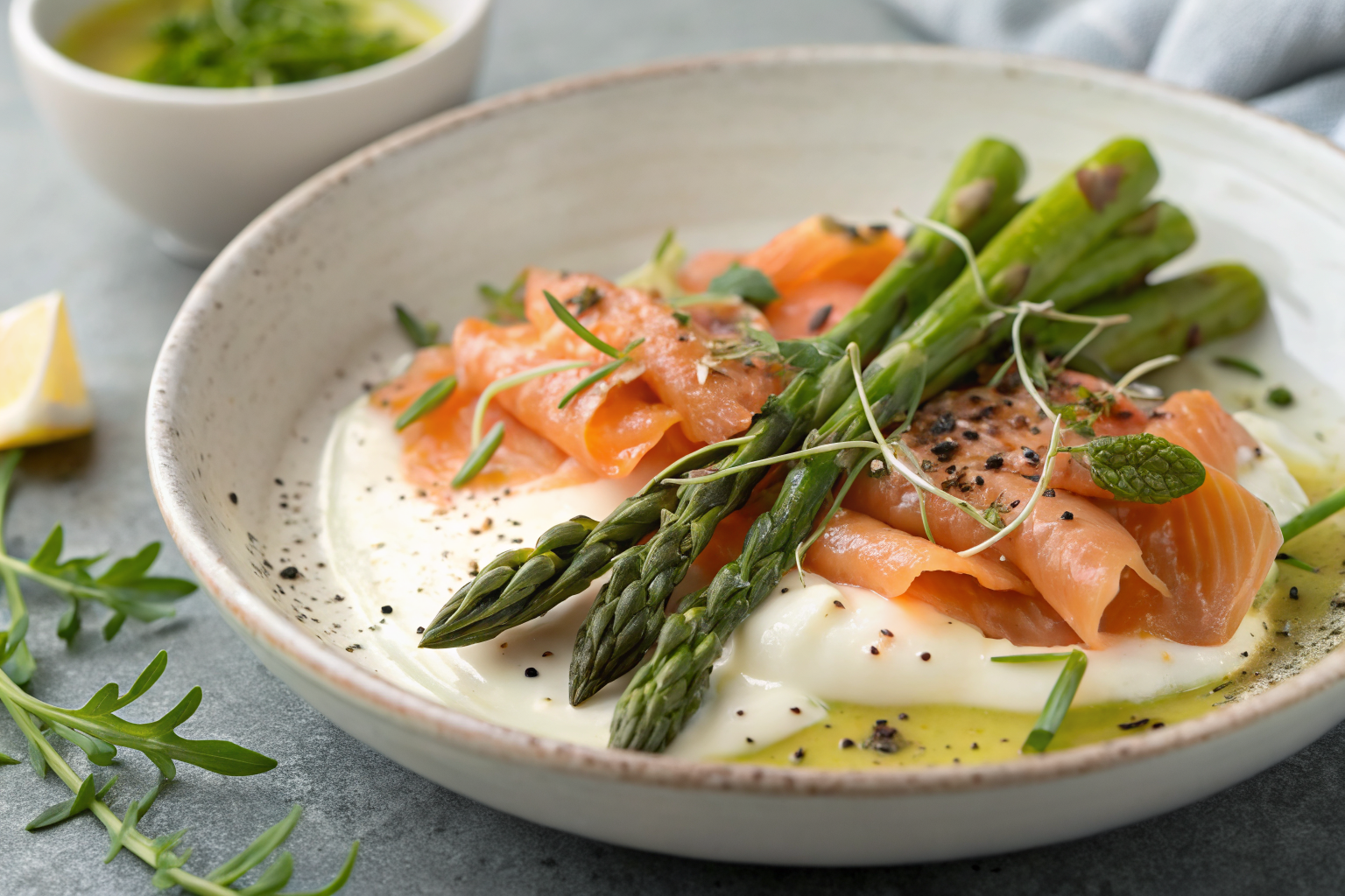 7 Recettes rapide des veloutés et soupes de Printemps 3 Crème d'asparges au saumon fumé avec asperges vertes et saumon fumé, présentée dans un bol blanc sur un comptoir grise.