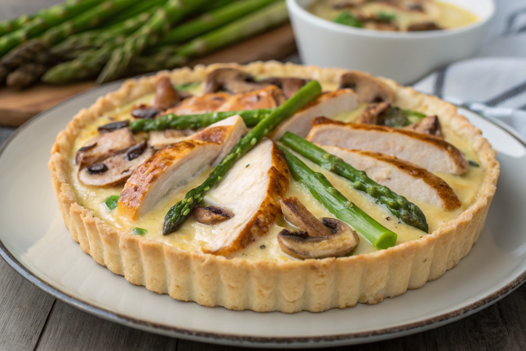 Quiche aux asperges fromage with fresh basil and roasted tomatoes on white dish.