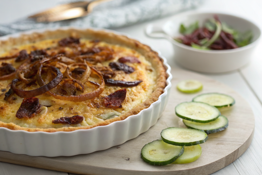Quiche lorraine sans pâte with fresh basil, roasted tomatoes, and grilled chicken breast