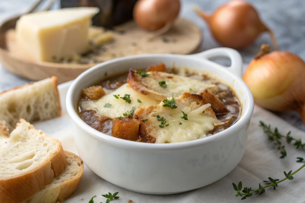 Soupe à l'oignon gratinée avec fromage fondu et croûtons dorés dans un bol blanc